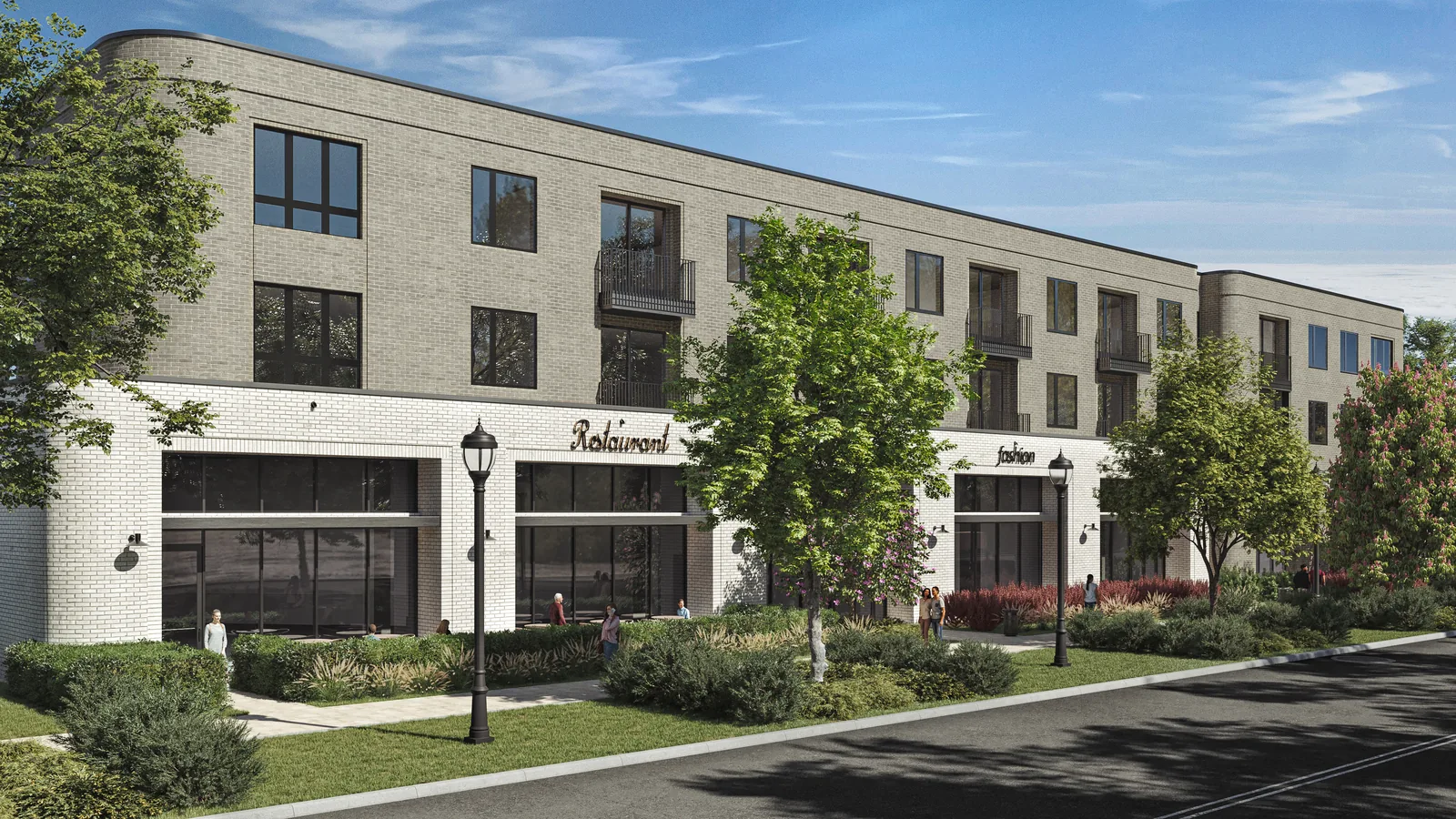 Rendering of akin Bonnie Brae from the street, with shops at ground level and three stories of homes above