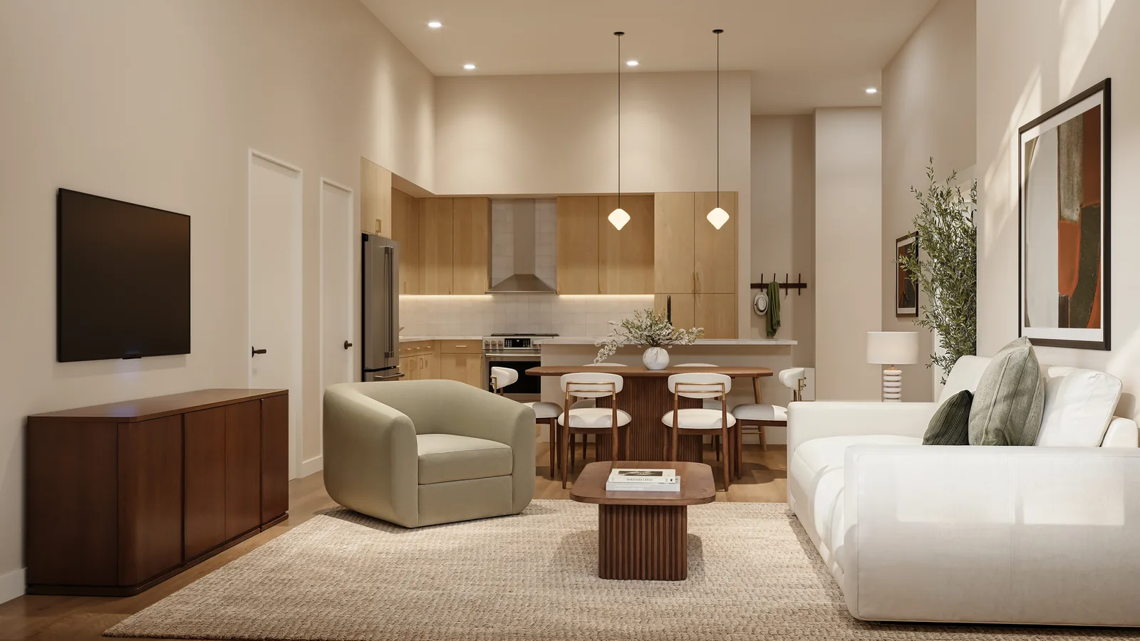 Rendering of a living room and kitchen