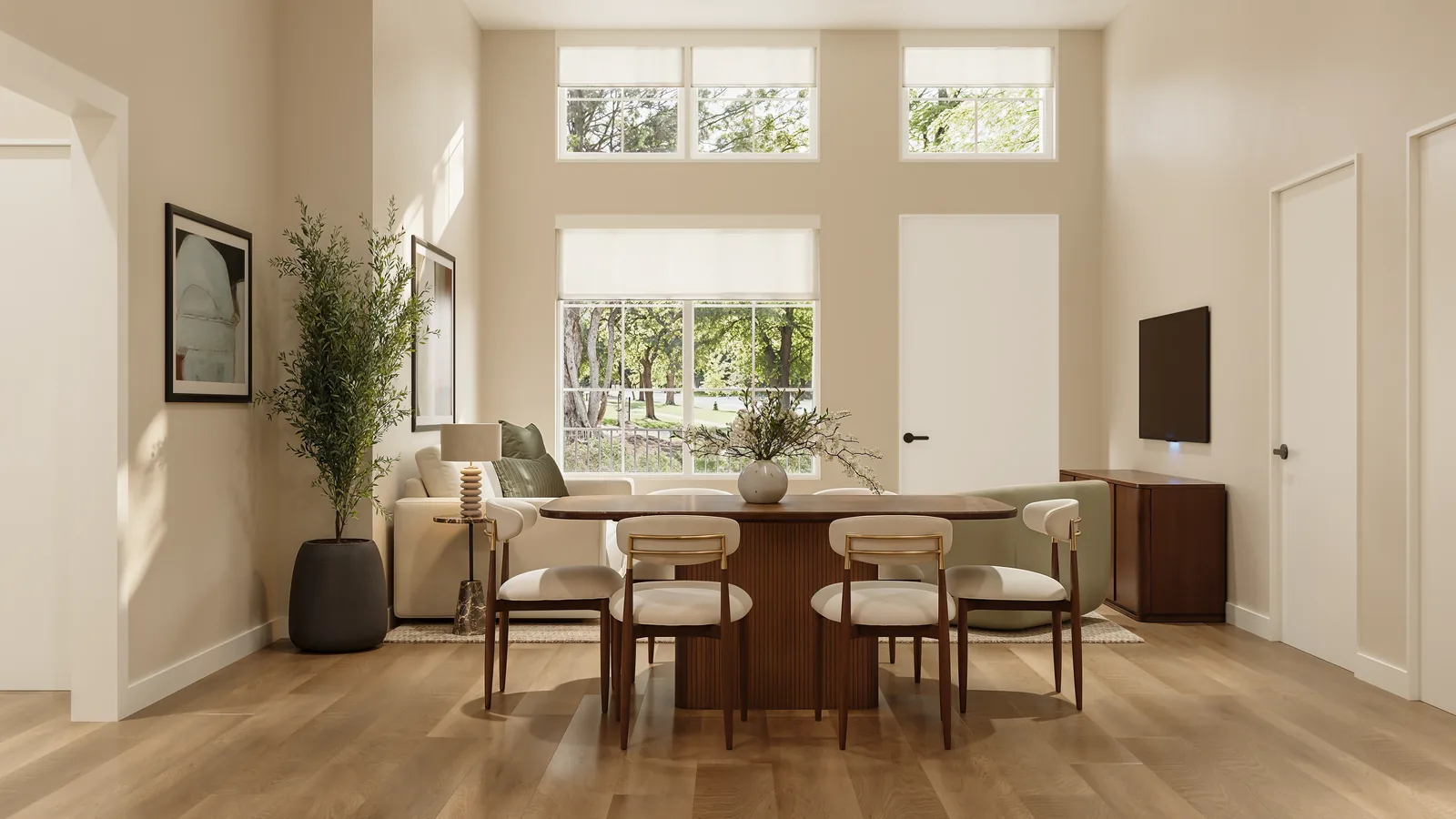 Rendering of a dining area with a wood table and upholstered chairs beneath tall windows