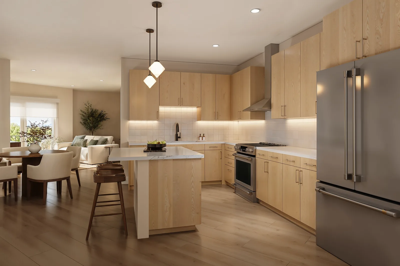 Rendering of a kitchen with an island, plan 2F-B