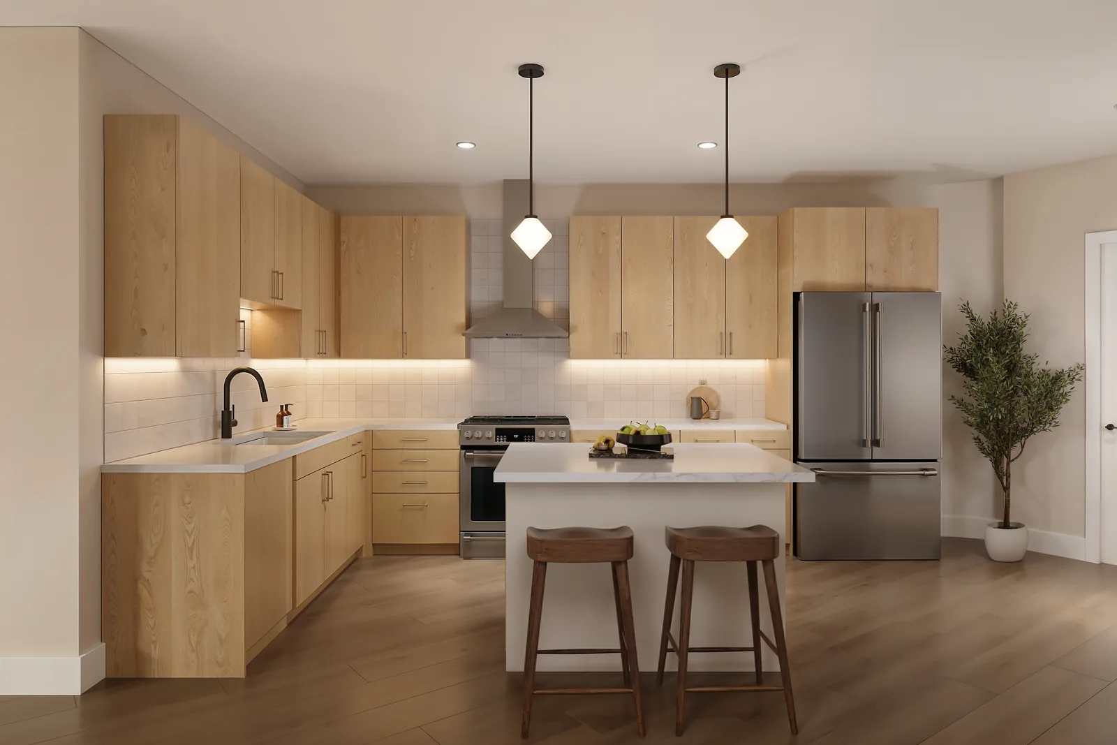 Rendering of a kitchen with light wood cabinets, a white island and two stools