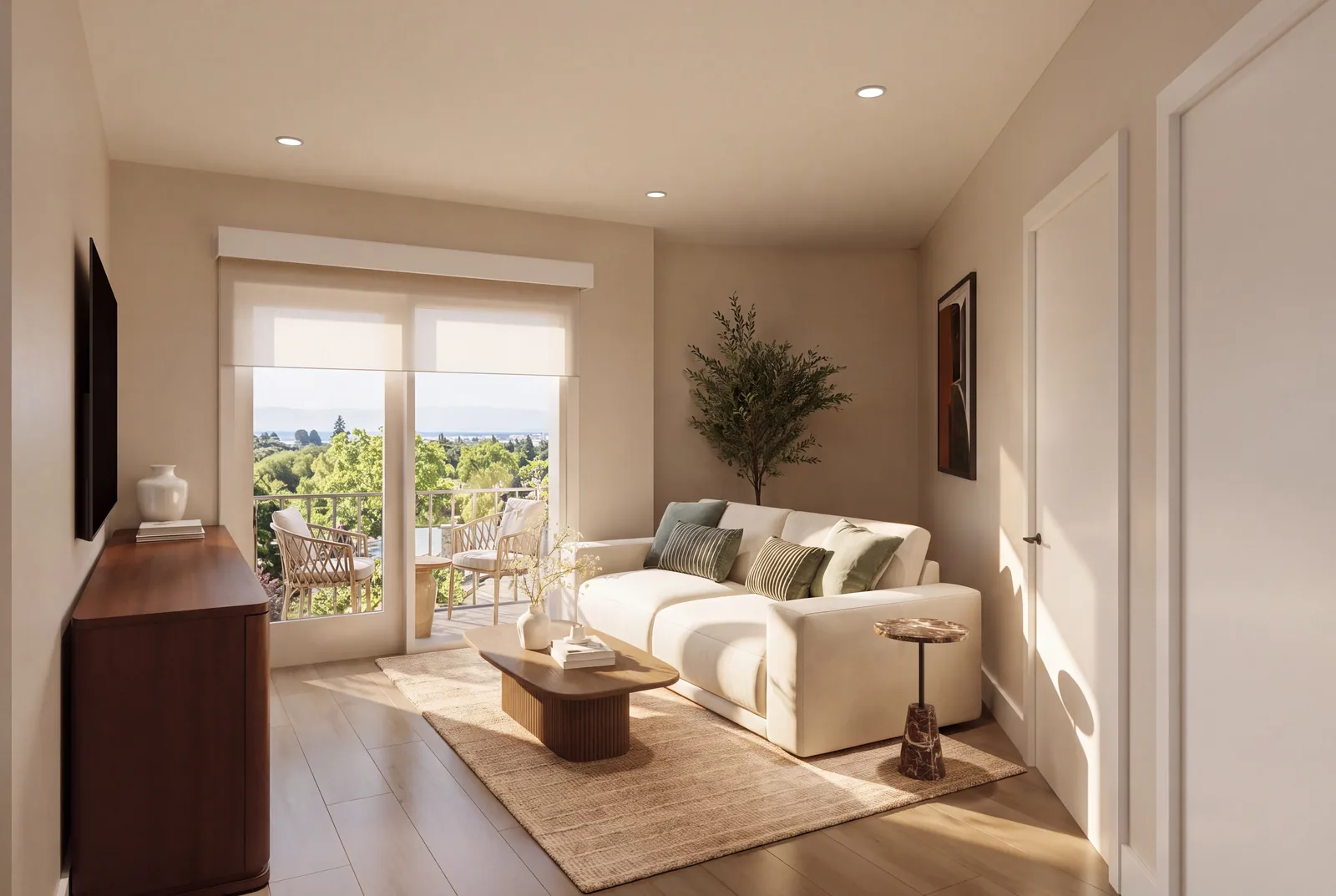 Rendering of a living room with a cream sofa and glass doors