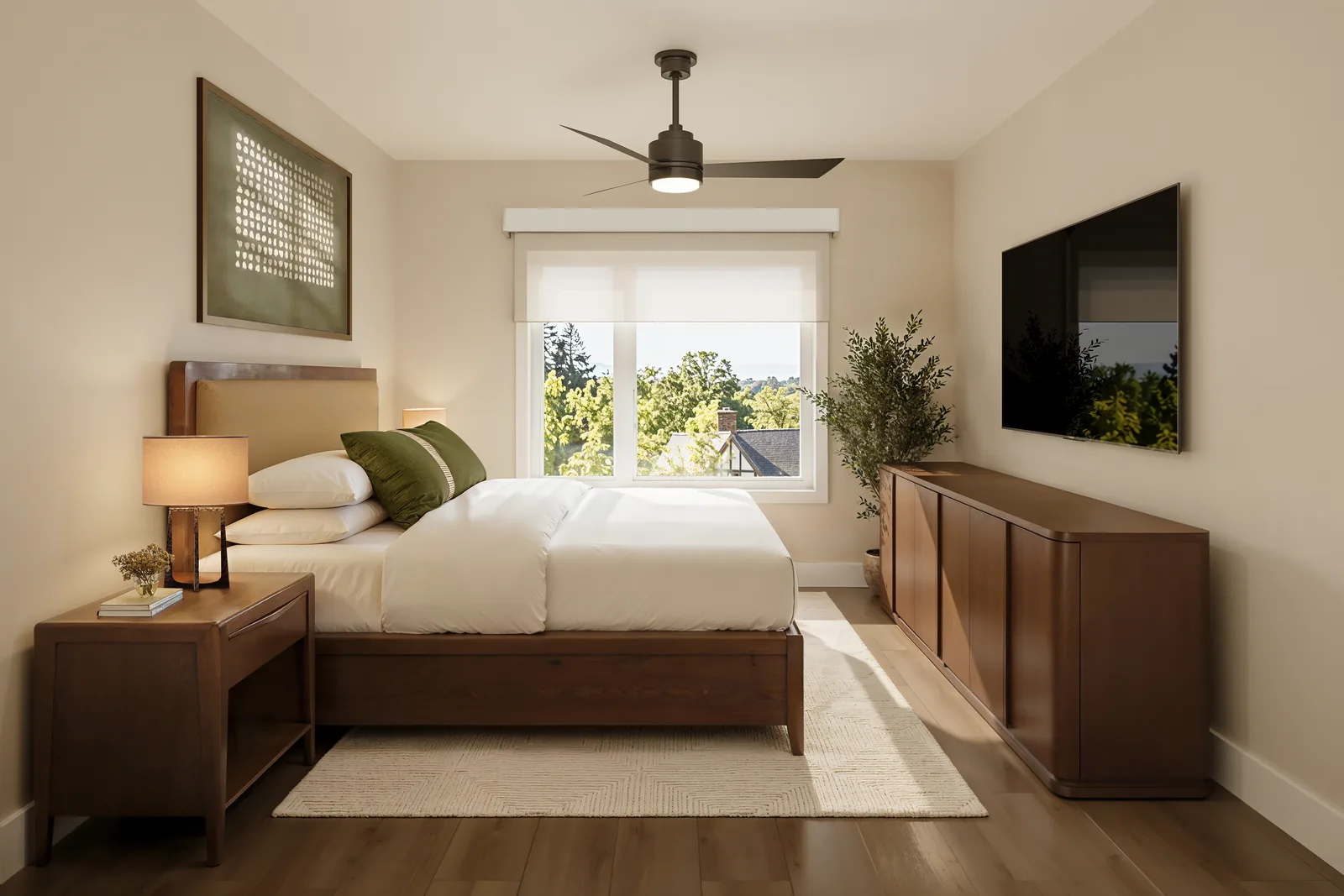 Rendering of a bedroom with a ceiling fan, a wood dresser and a window onto the trees