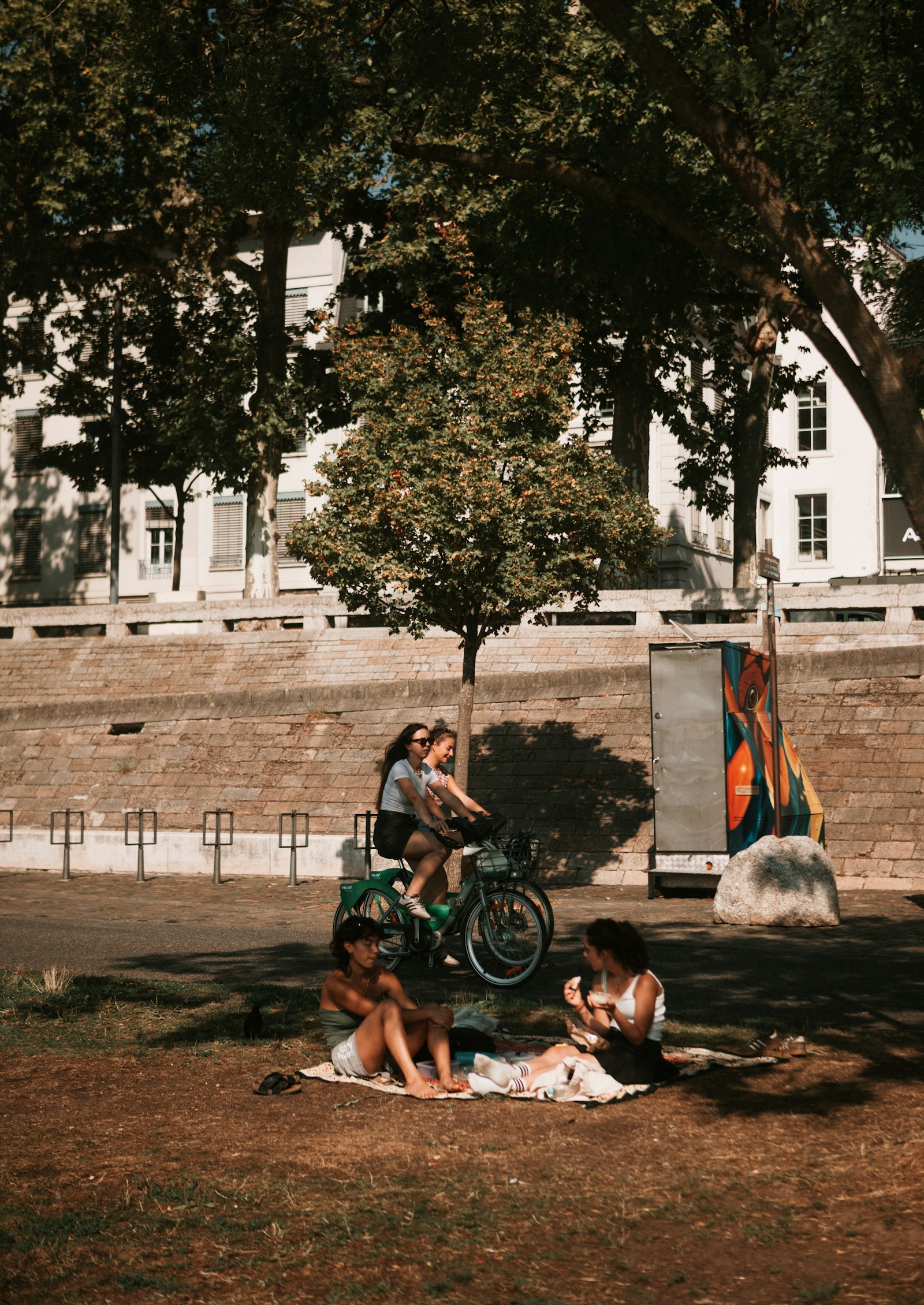 Friends cycling past two friends picnicking on the grass in a shady park